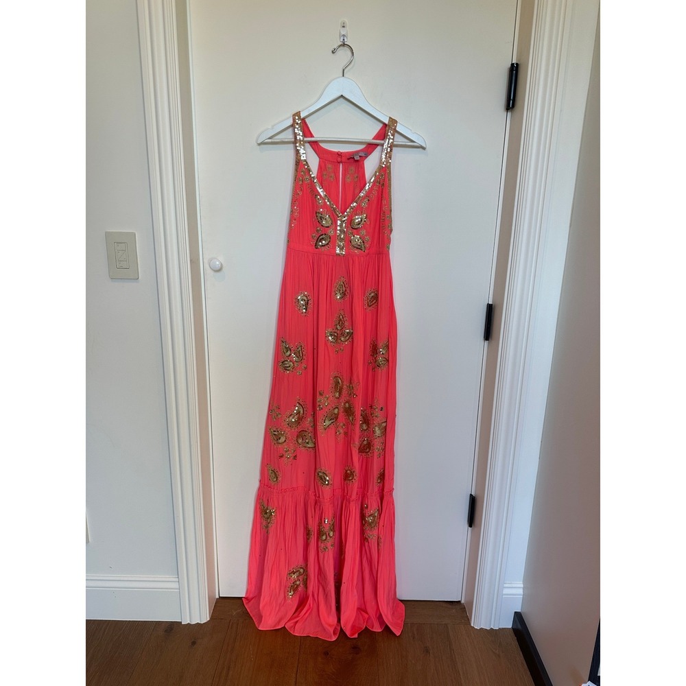 Calypso St Barth Maxi Dress Coral Beaded Embellished Halter Neck Resort XS